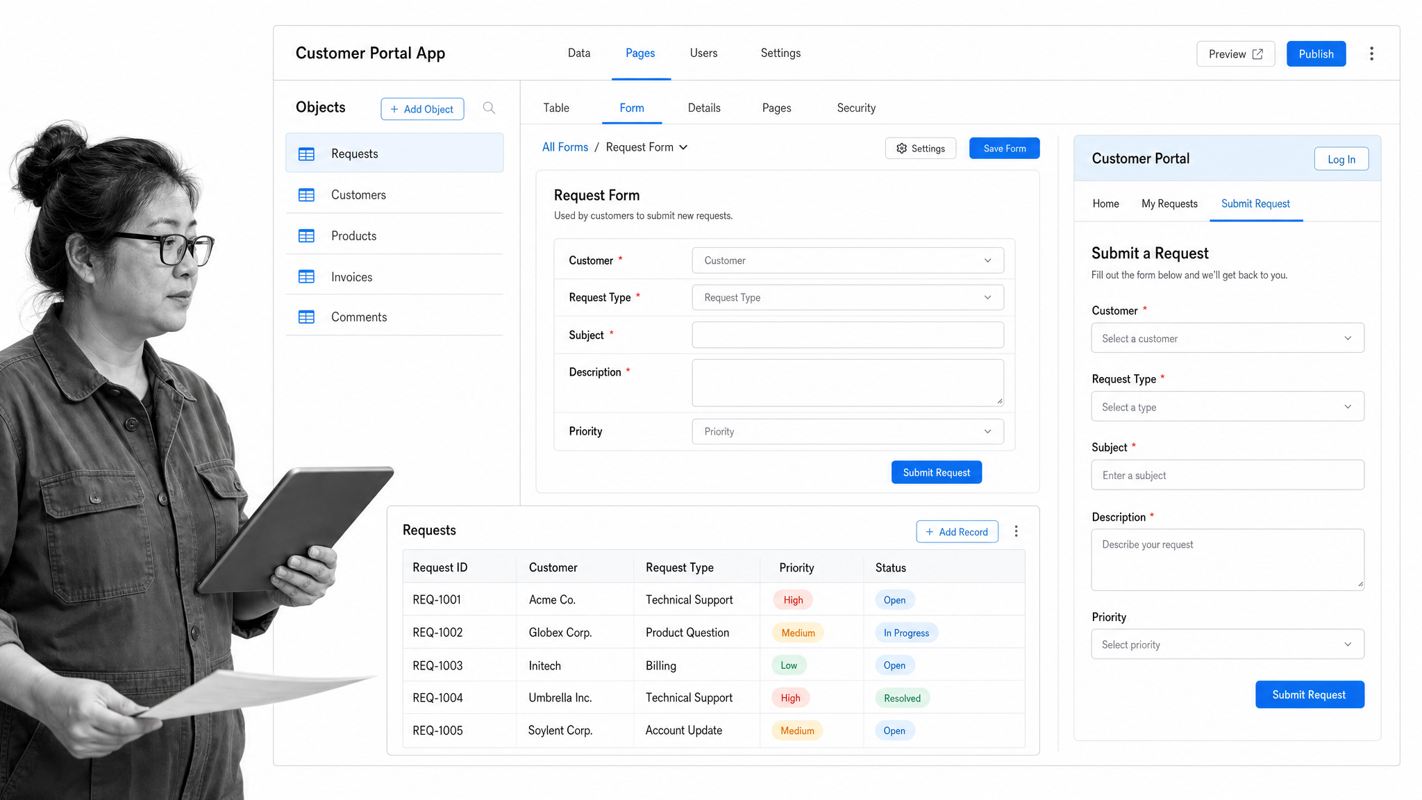Knack product interface shown as an Airtable alternative for customer portals and database-backed internal apps.