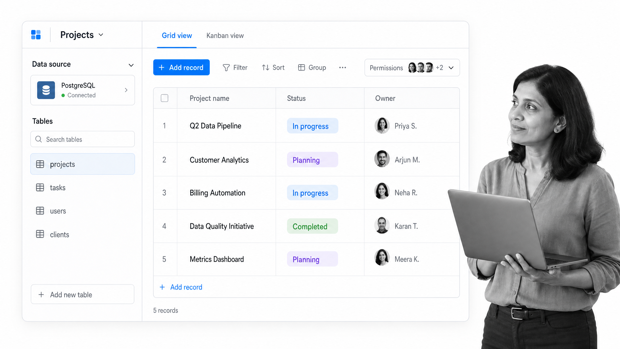 NocoDB product interface shown as an Airtable alternative for turning existing databases into spreadsheet-style apps.
