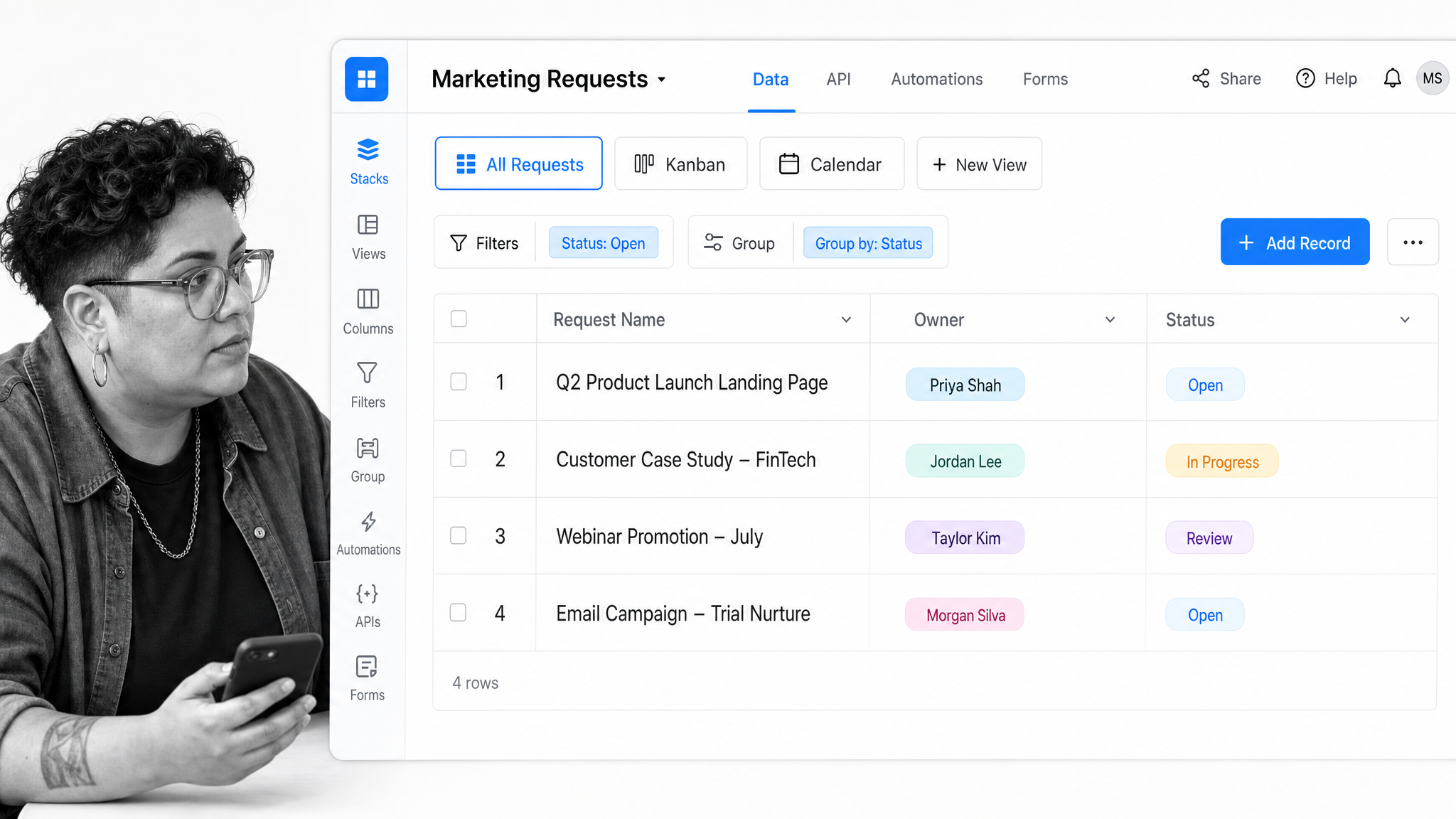 Stackby product interface shown as an Airtable alternative for spreadsheet databases with forms, kanban, APIs, and automations.