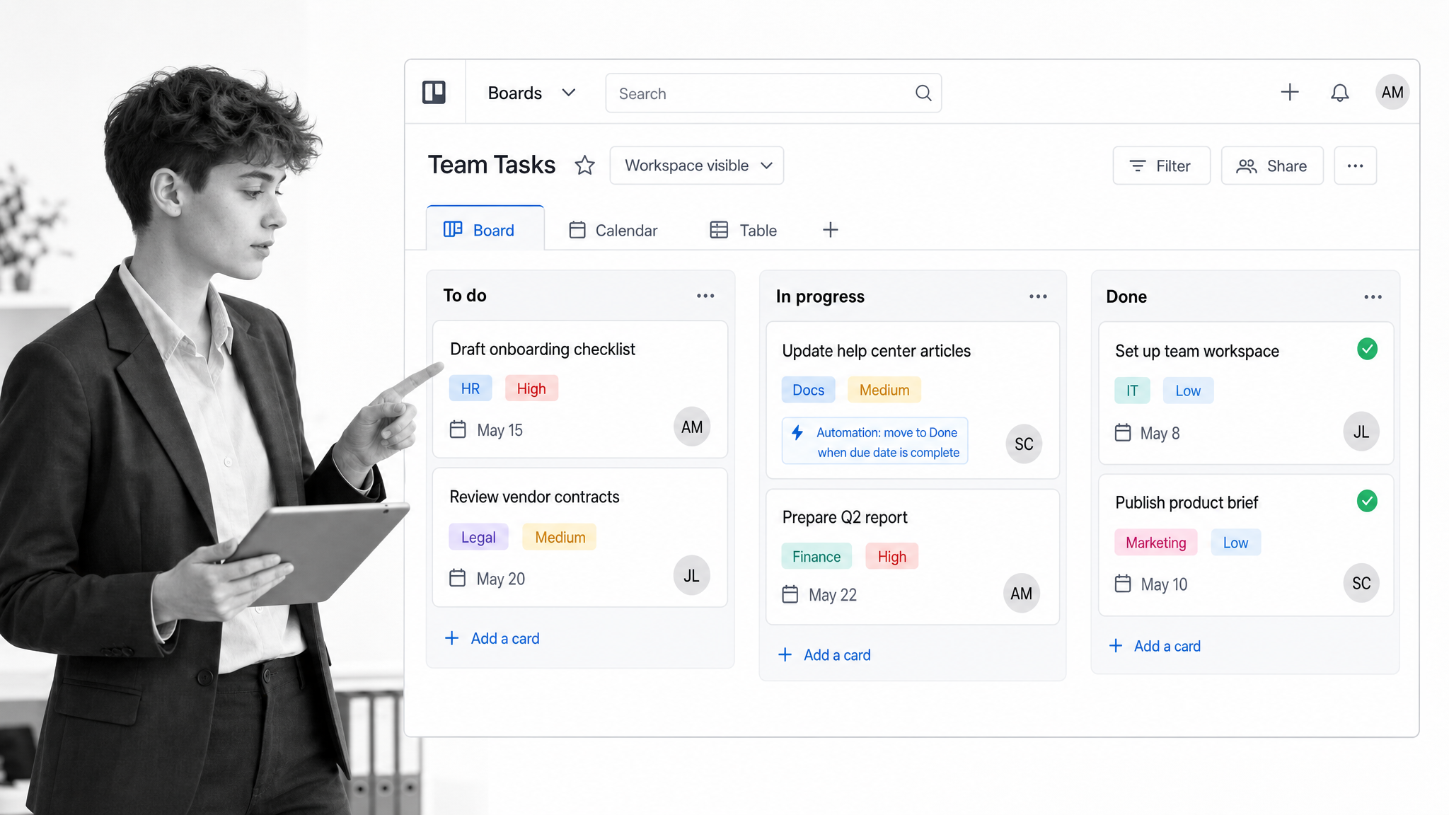 Trello product interface shown as an Airtable alternative for simple kanban boards and lightweight task tracking.