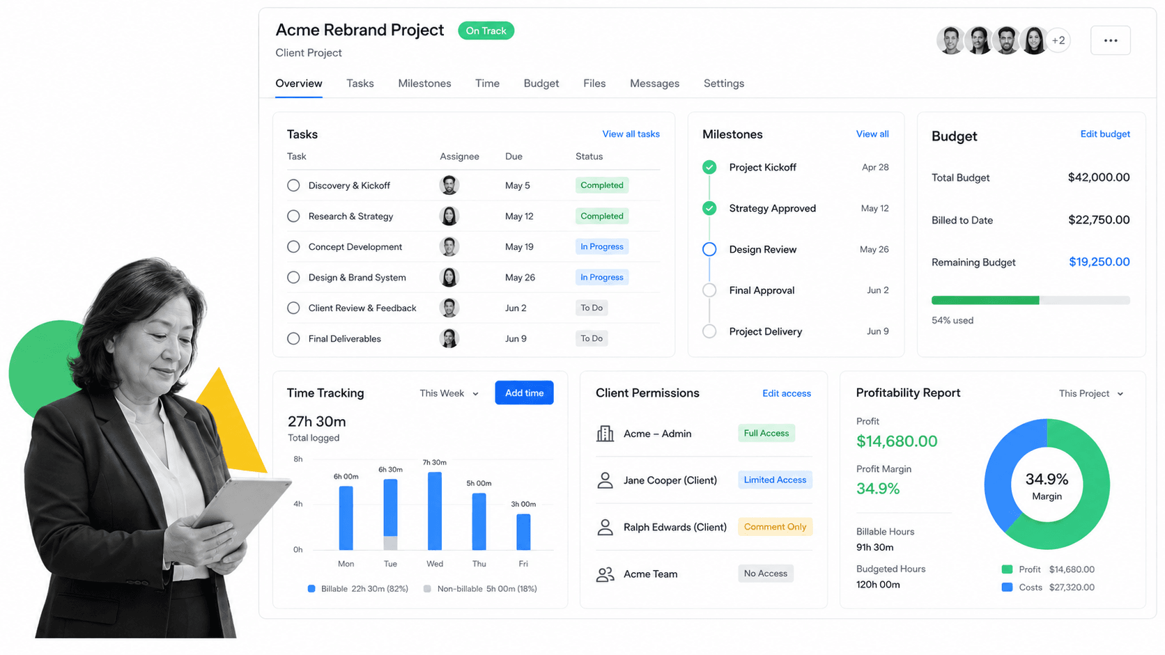 Teamwork.com Asana alternative product UI for client-service teams managing billable work