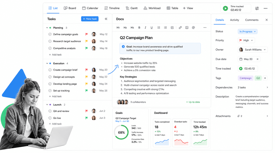 ClickUp Asana alternative product UI for teams that want many project views in one workspace