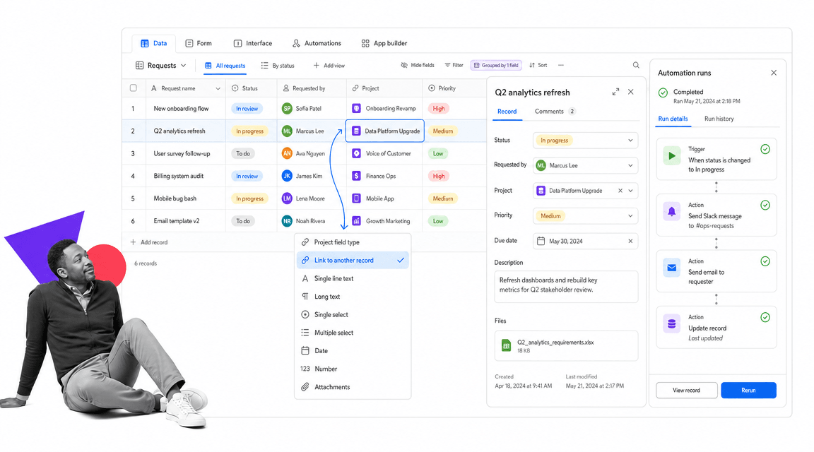 Airtable Asana alternative product UI for database-backed workflows and lightweight apps