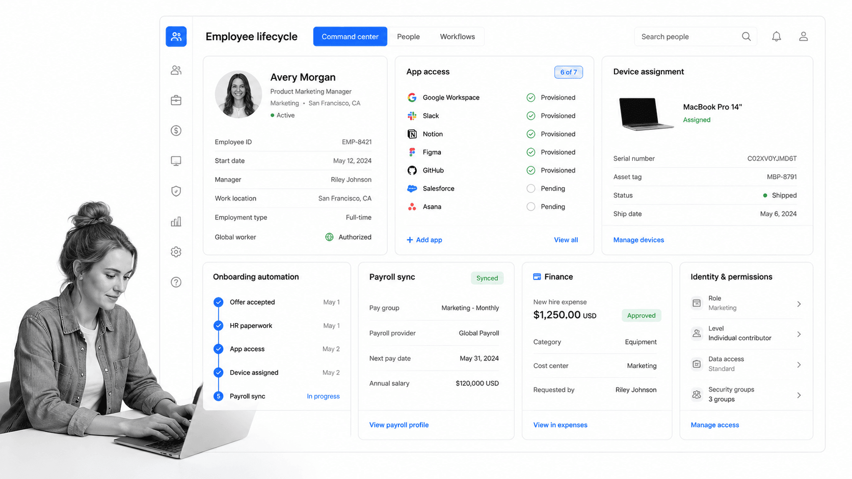 Rippling BambooHR alternative product UI for unifying HR, IT, finance, payroll, apps, and devices