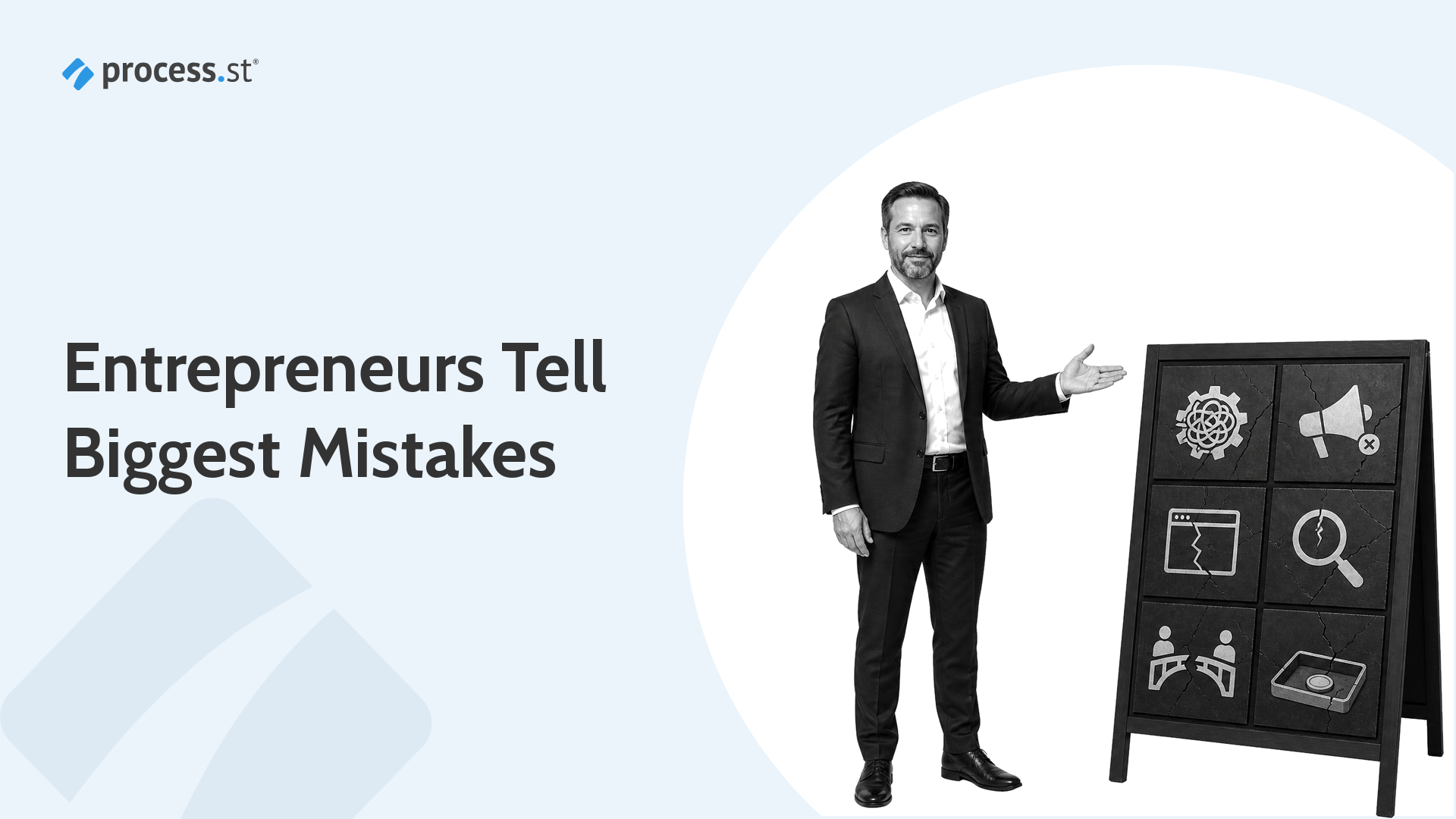 Black-and-white entrepreneur presenting a cracked six-panel warning board for common business mistakes.