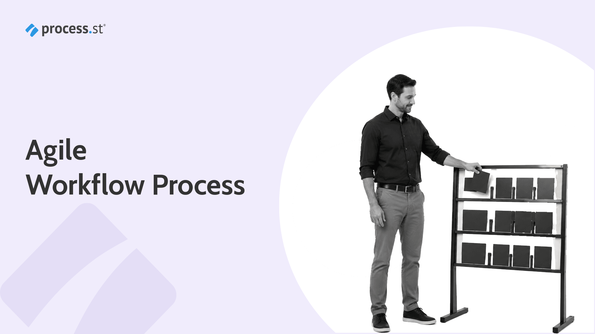 Agile workflow process hero showing an operations lead moving work cards through a Kanban rack