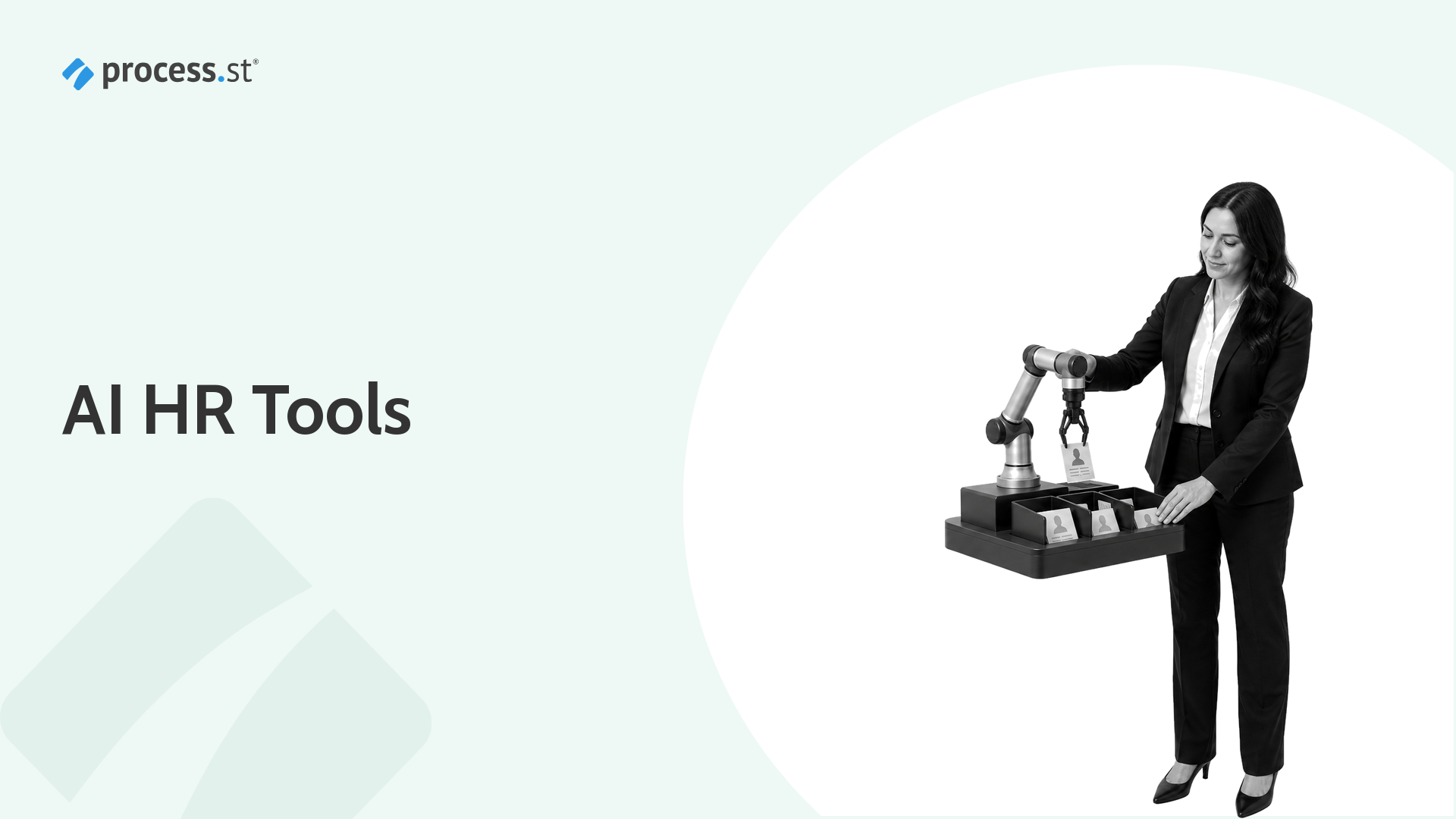 AI HR tools guide hero with an HR operator using a robotic resume sorting arm.