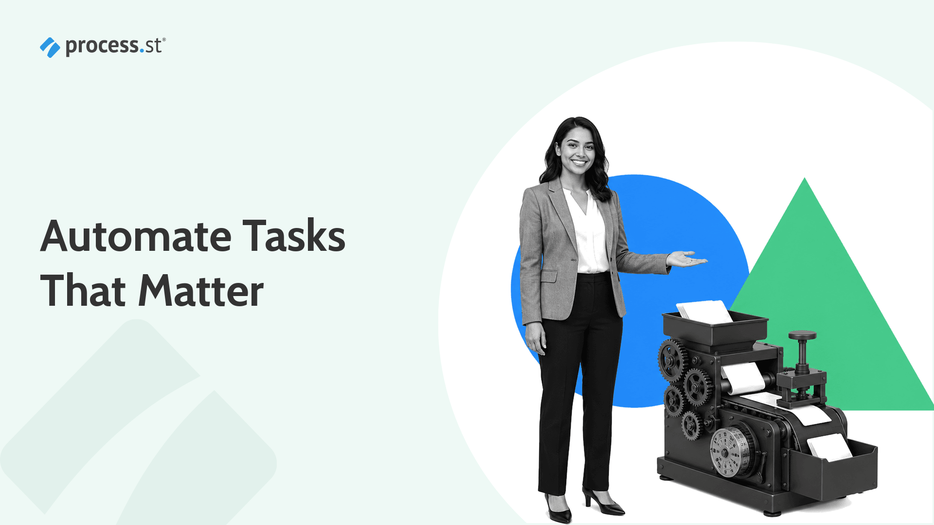 Black-and-white person presenting a miniature task automation machine beside the title Automate Tasks That Matter