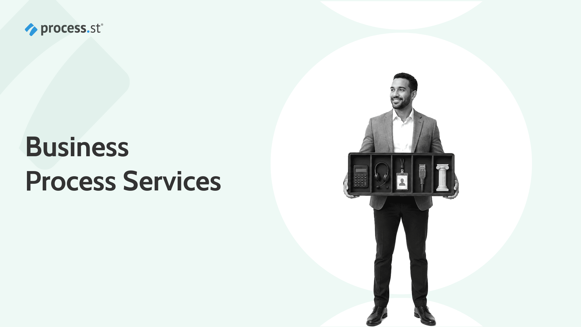 Business process services guide header showing an operations leader carrying a service handoff case.