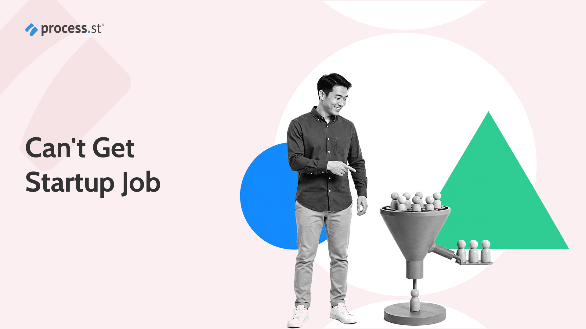 Black-and-white startup candidate pointing at a physical hiring funnel model.