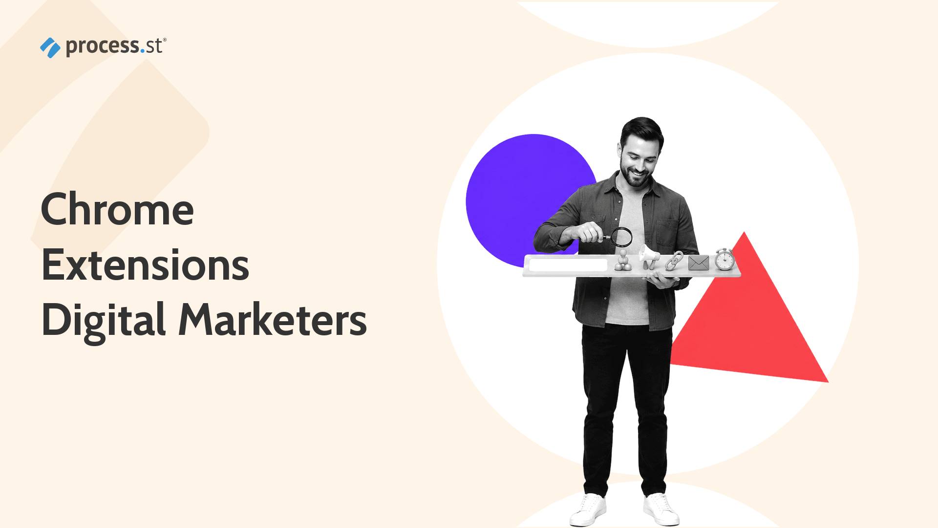 Digital marketer holding a compact browser-toolbar segment with miniature SEO, outreach, email, promotion, and productivity tools