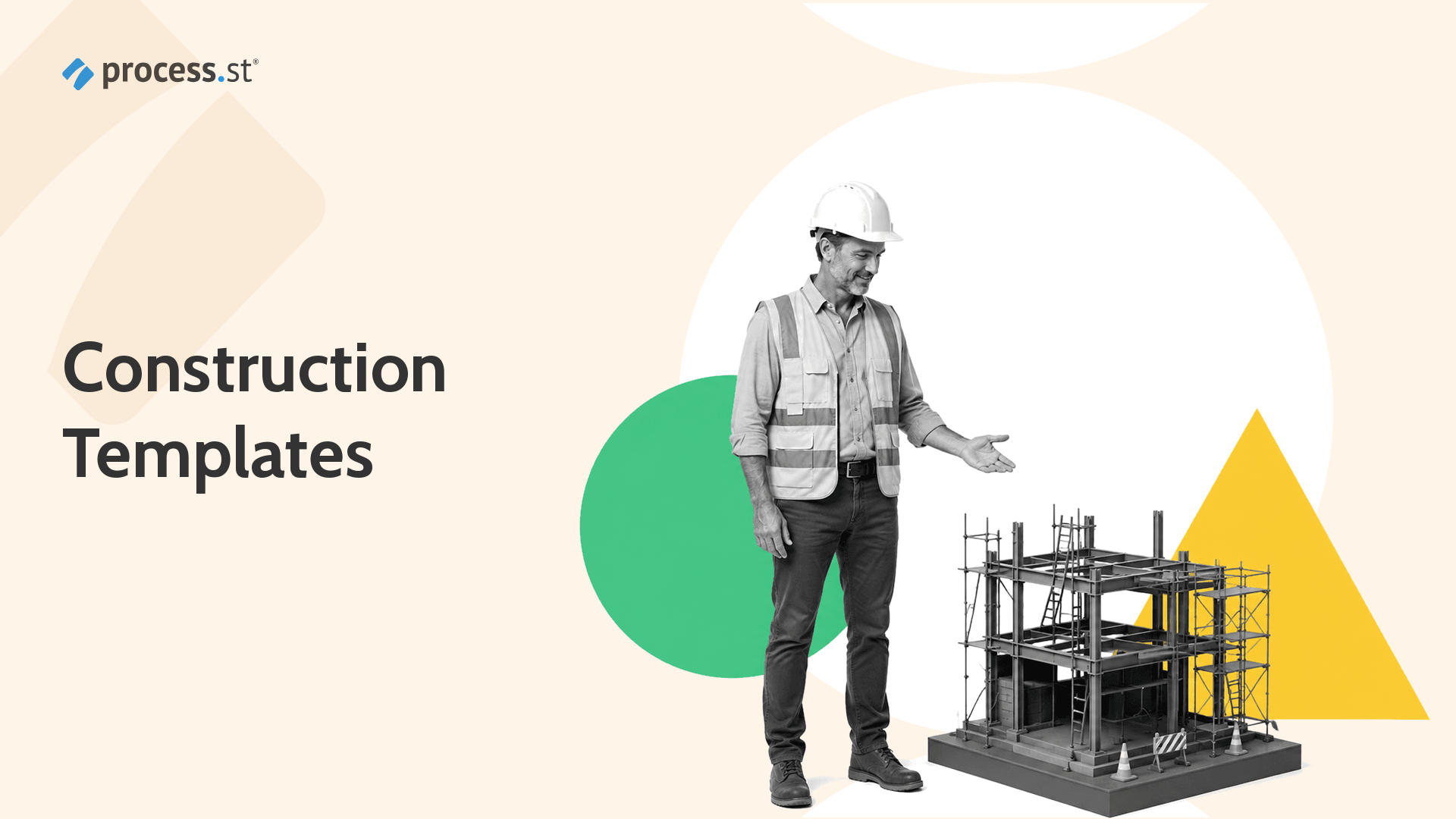 Construction operations manager inspecting a miniature building site model for construction workflow templates