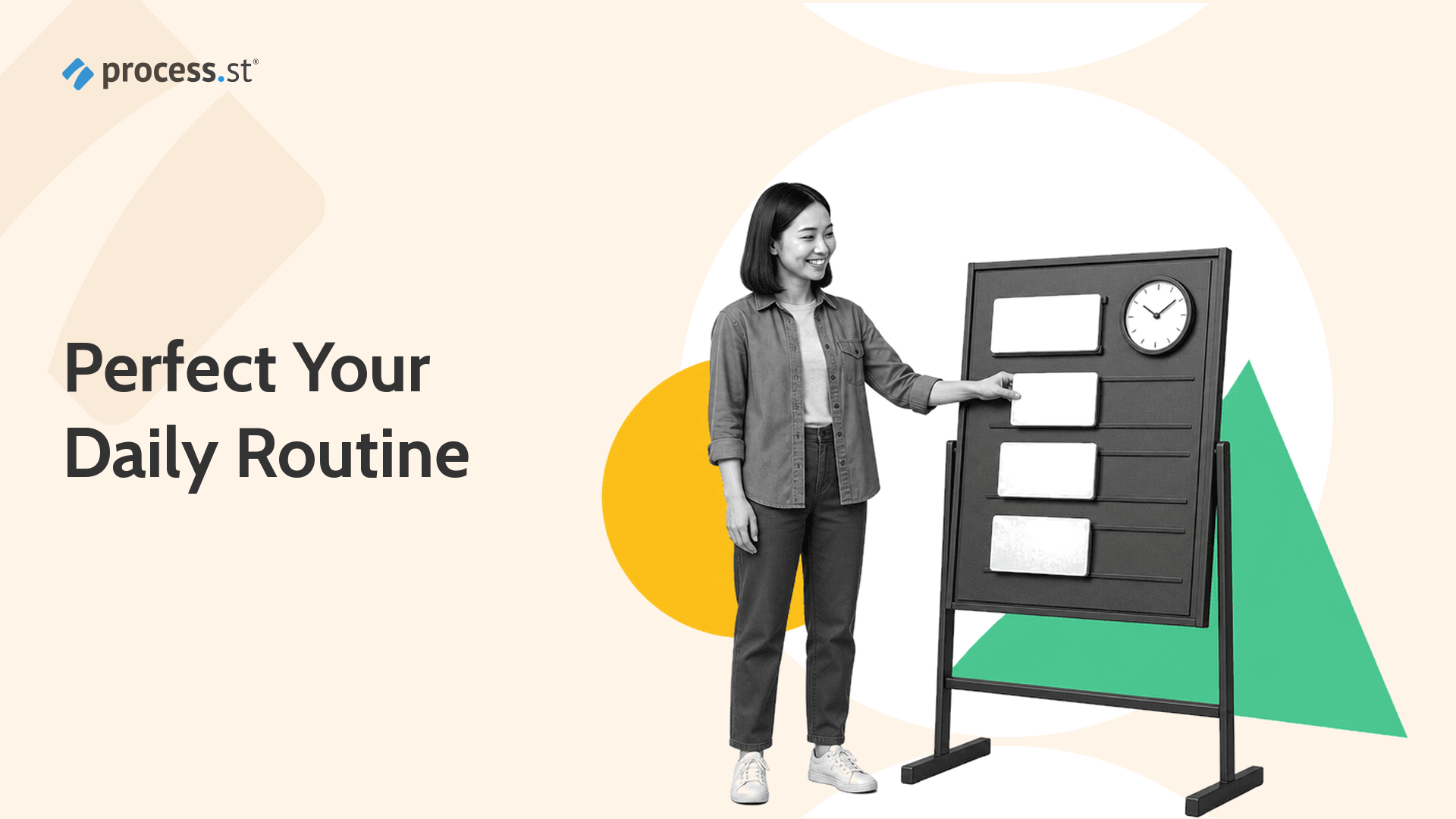 Black-and-white professional arranging a daily routine planning board for a recurring workflow.