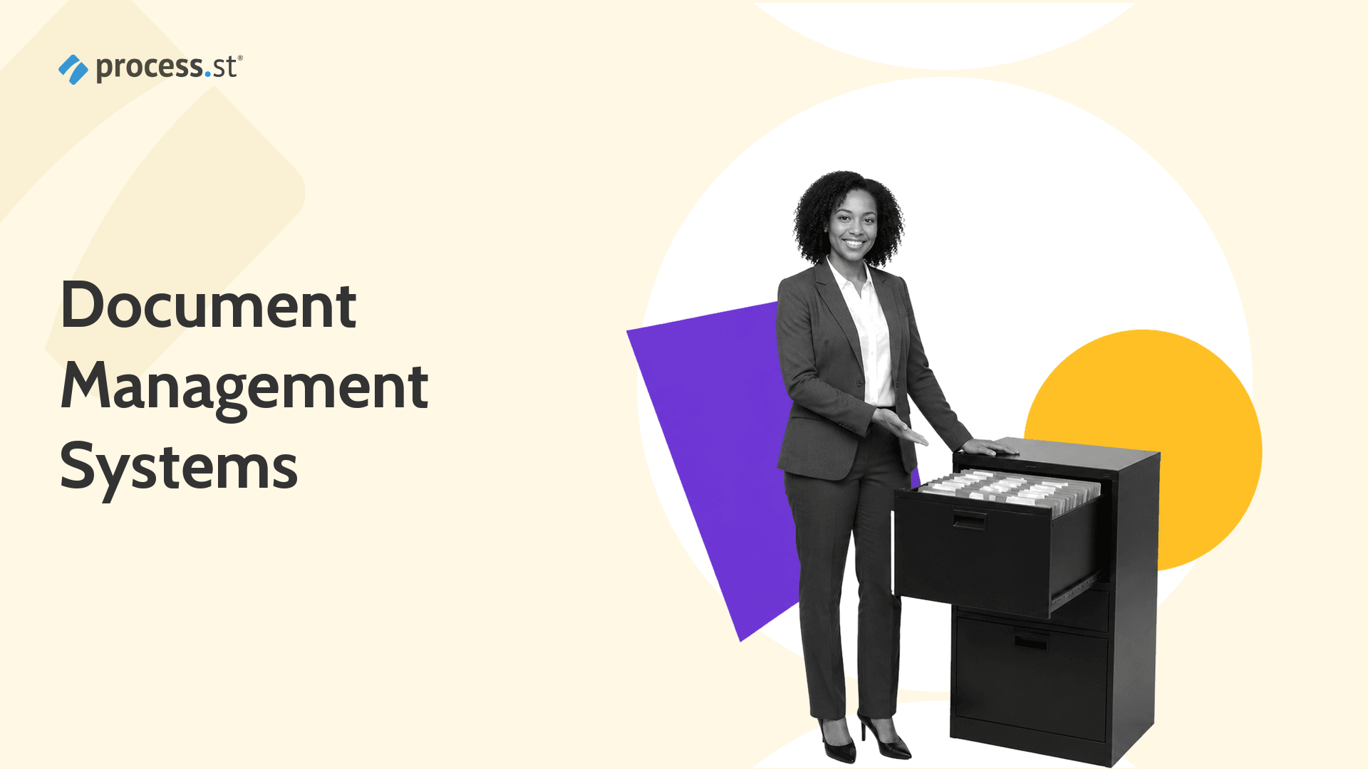 Black-and-white compliance operations manager presenting an organized file drawer for document management systems.