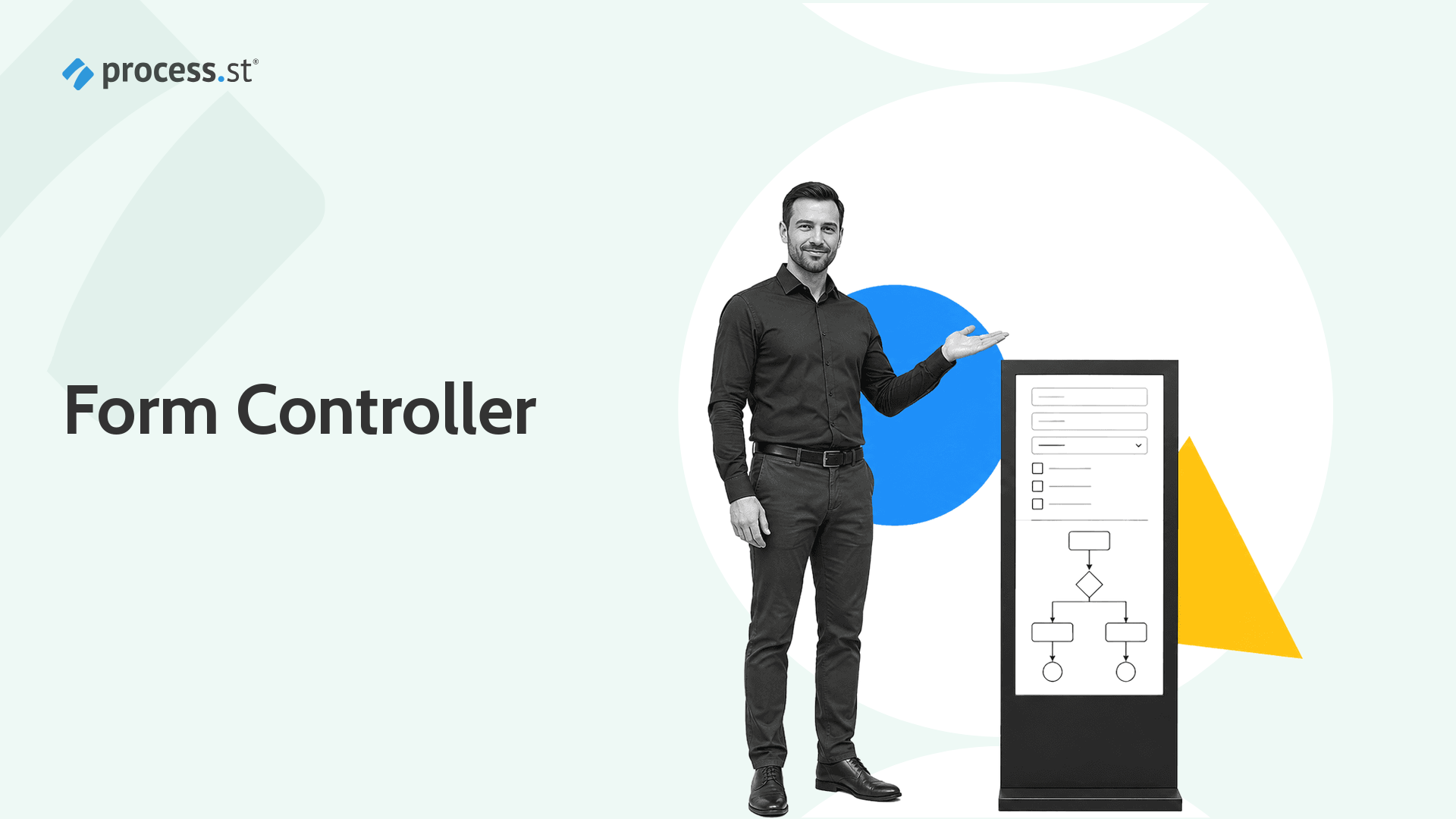 Form controller hero showing a professional presenting a form panel with conditional-logic routing