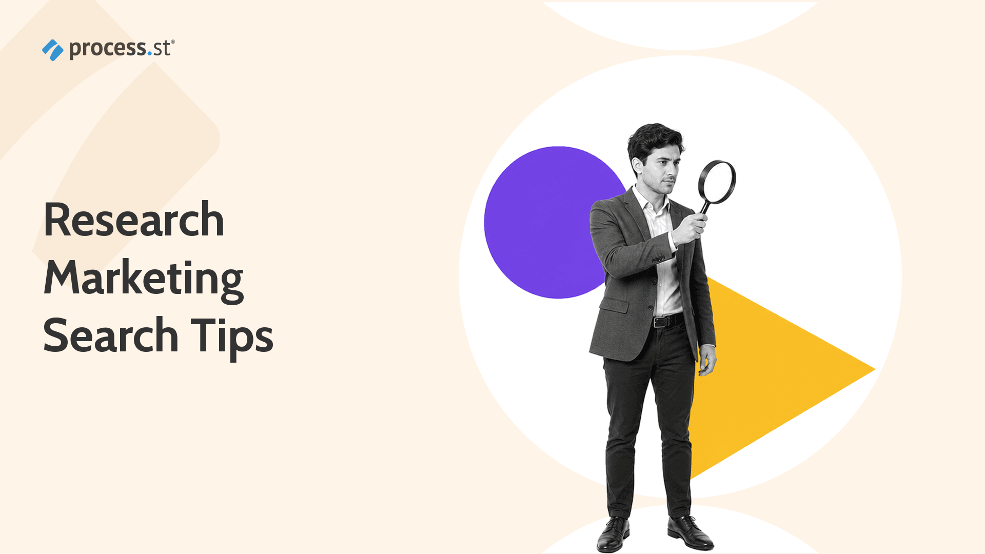 Black-and-white research analyst using a magnifying glass for research marketing search tips