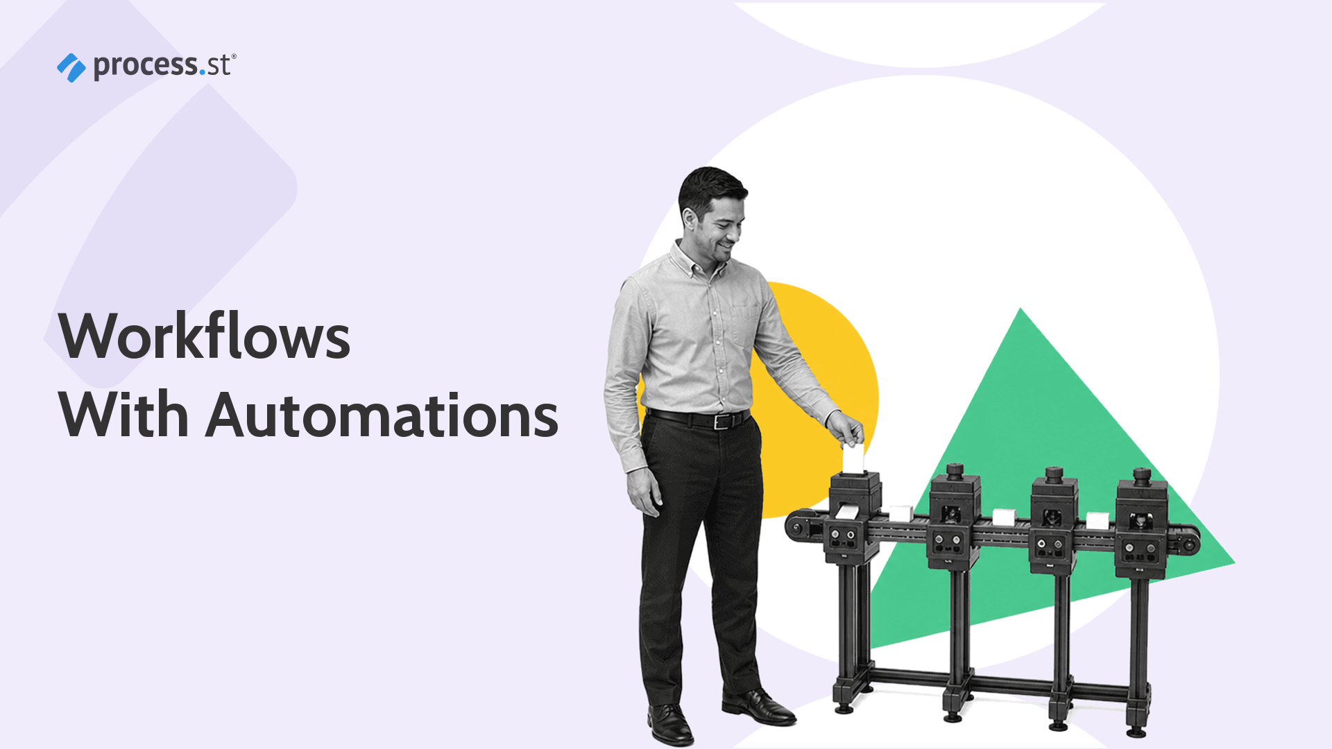 Black-and-white operations manager guiding blank workflow cards through a compact automation conveyor machine