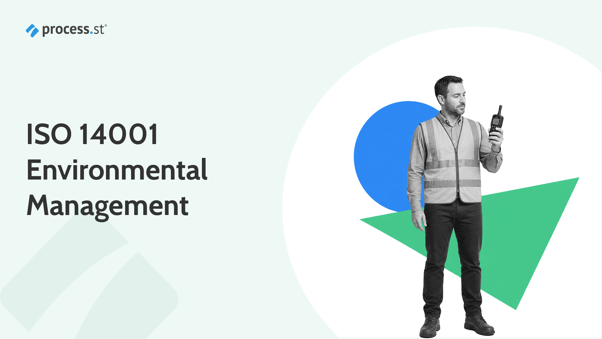 Environmental compliance manager in a hi-vis vest taking a reading with a handheld environmental monitor while running an ISO 14001 environmental management system