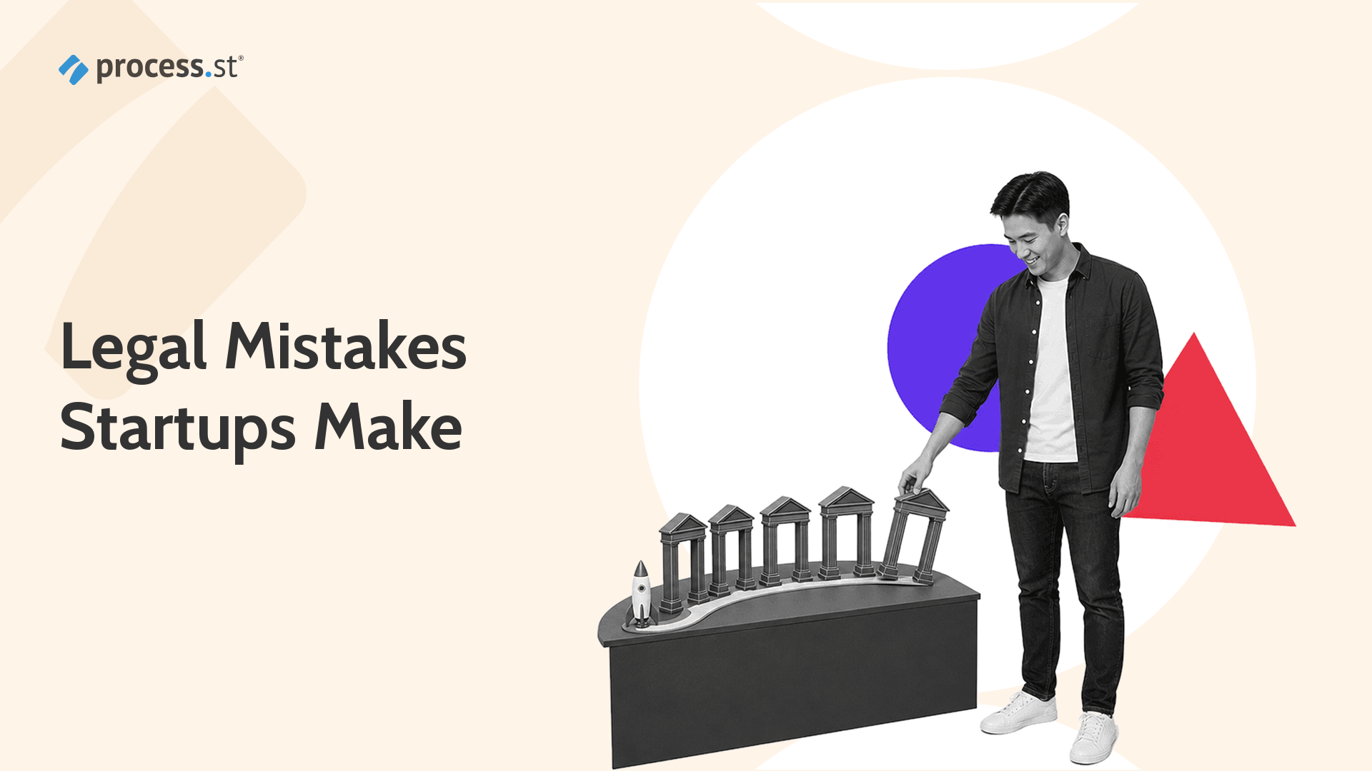 Startup founder aligning a miniature legal hazard launch course for startup legal mistakes