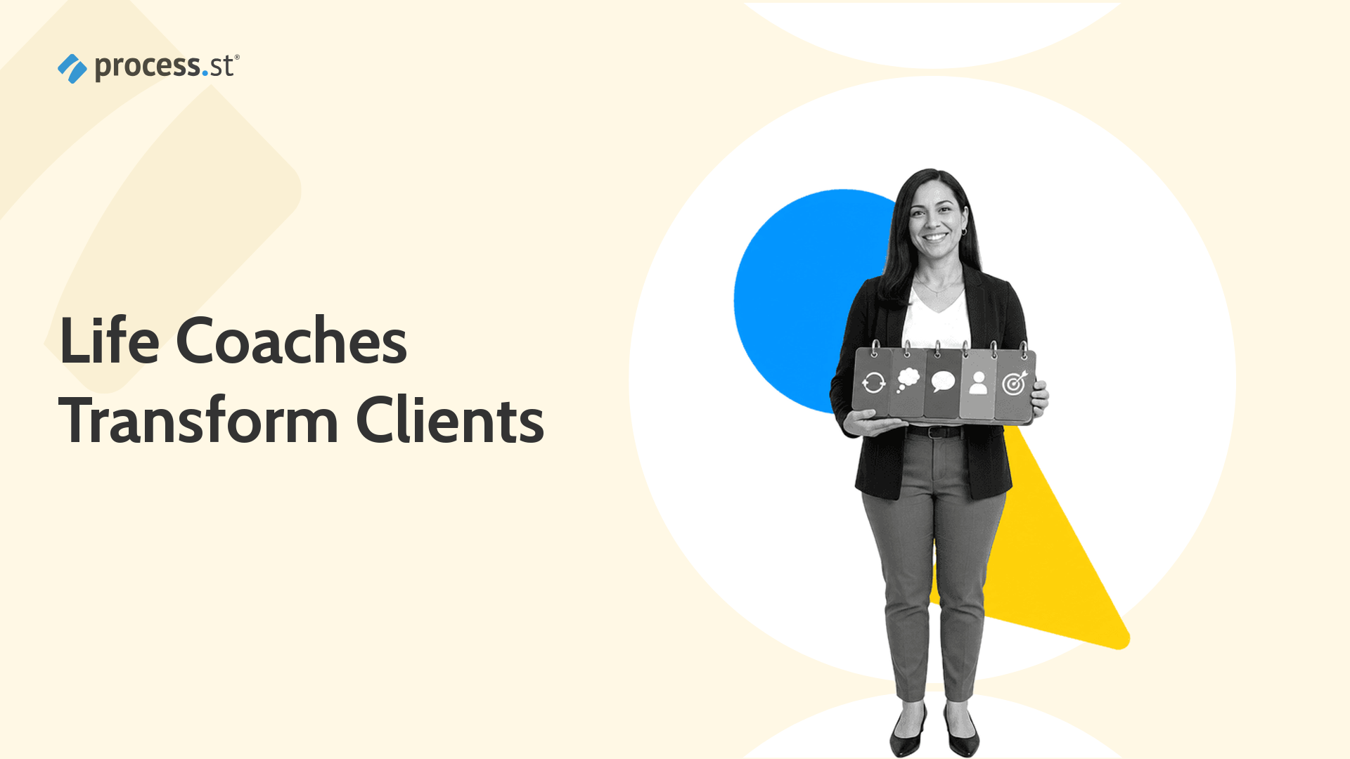 Life coach presenting a five-card coaching checklist toolkit for client transformation
