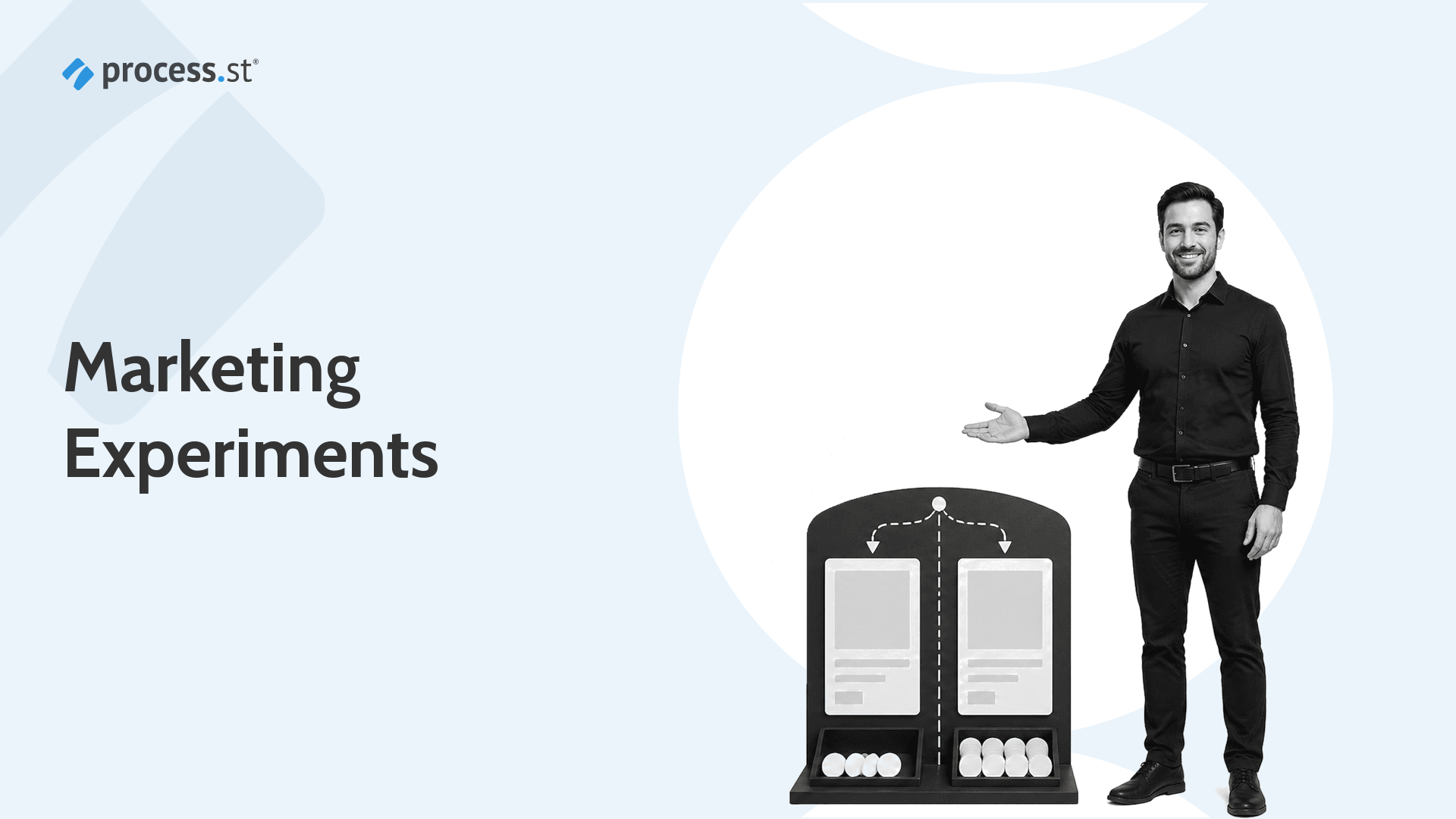 Black-and-white marketer presenting an A/B campaign testing board for marketing experiments