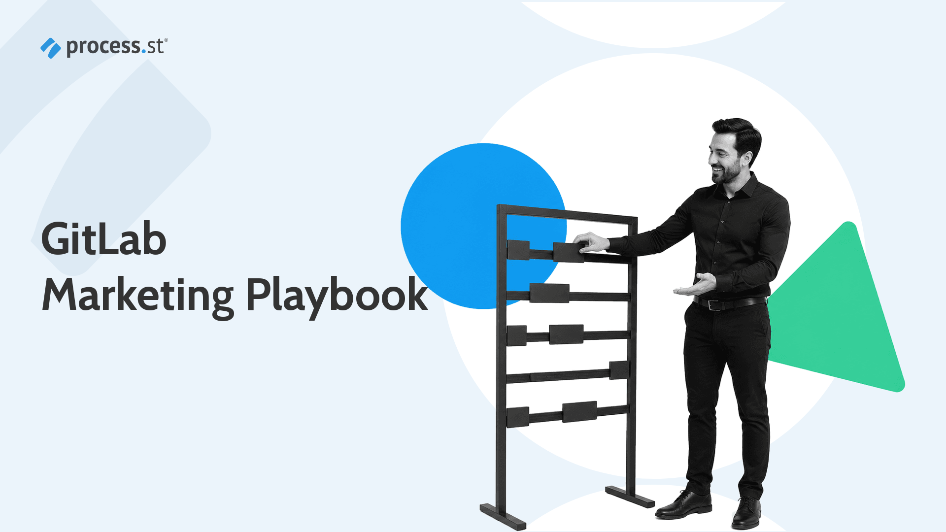 Black-and-white marketing operations leader arranging a modular campaign planning board for a GitLab marketing playbook article.