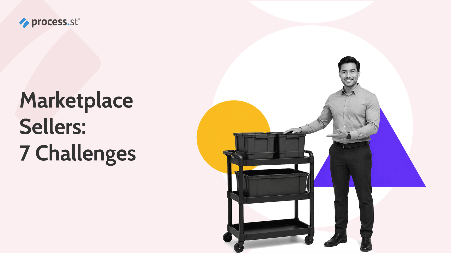 Black-and-white ecommerce operations manager presenting a parcel sorting cart for online marketplace sellers challenges