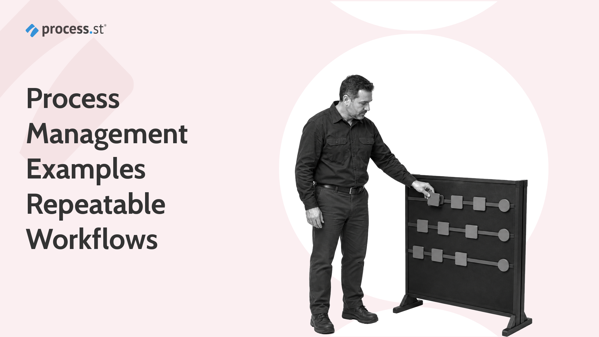 Operations manager moving gray task tiles across a physical workflow board for process management examples