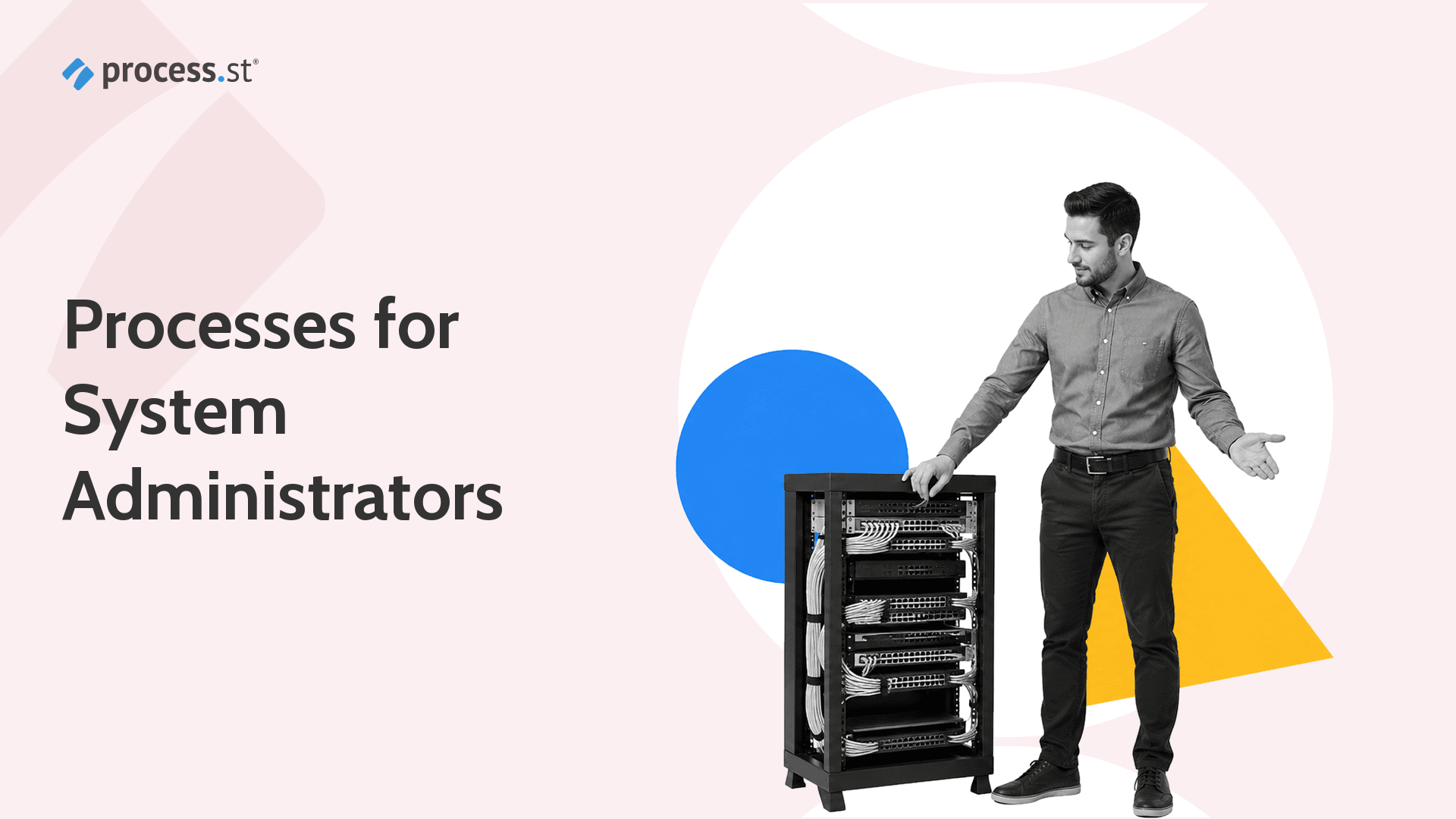 Black-and-white systems administrator presenting an organized server rack for documented IT processes.