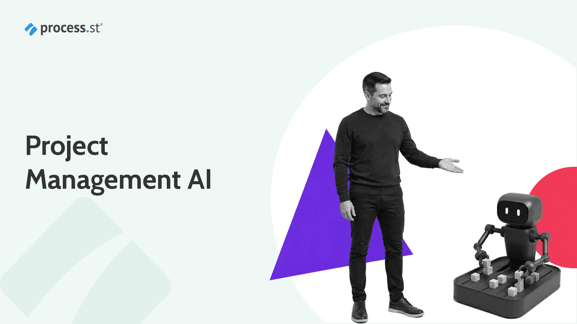 Project Management AI header showing an operations lead guiding a robotic project planning board