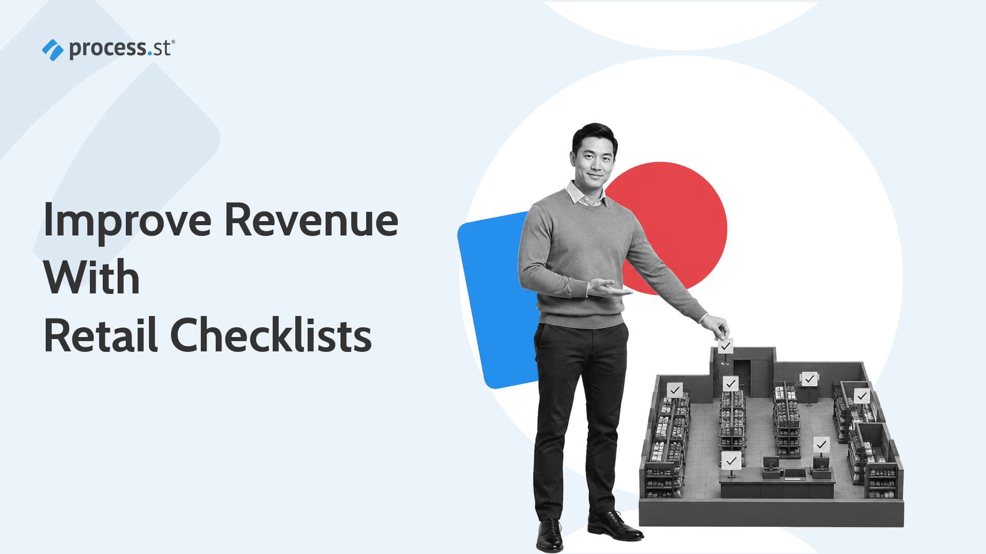 Retail operations manager presenting a miniature store process checklist model