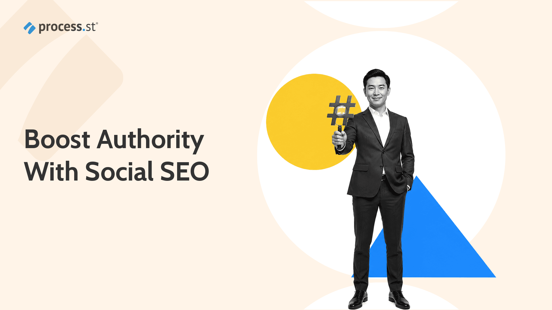 Marketing strategist holding a hashtag-shaped magnifying glass for social media and SEO
