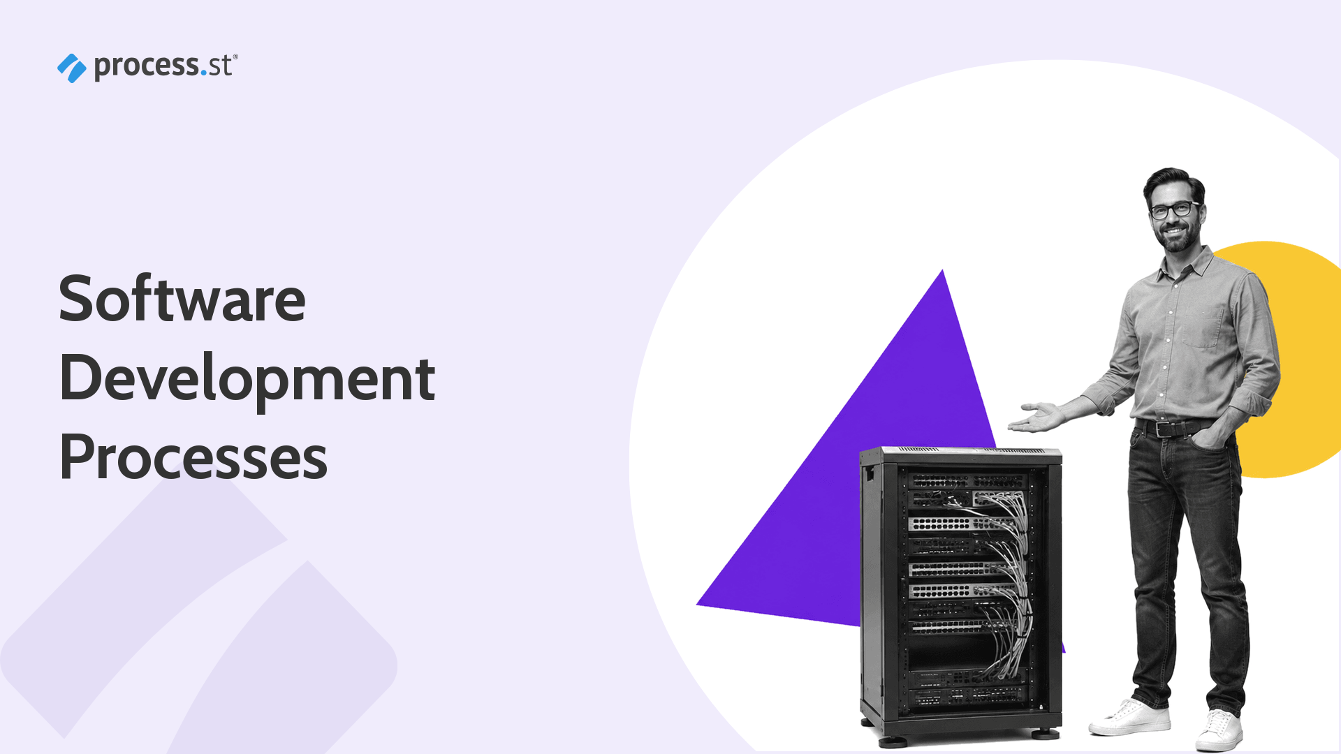 Grayscale software engineer presenting a server rack for software development processes