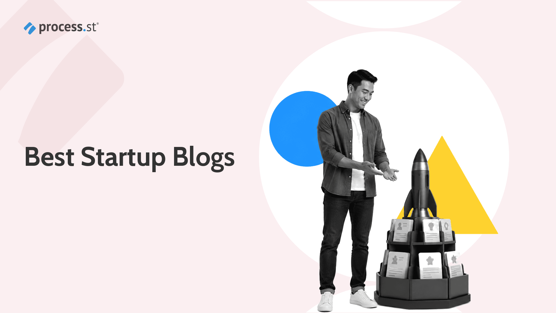 Black-and-white founder presenting a startup resource launchpad library for best startup blogs.