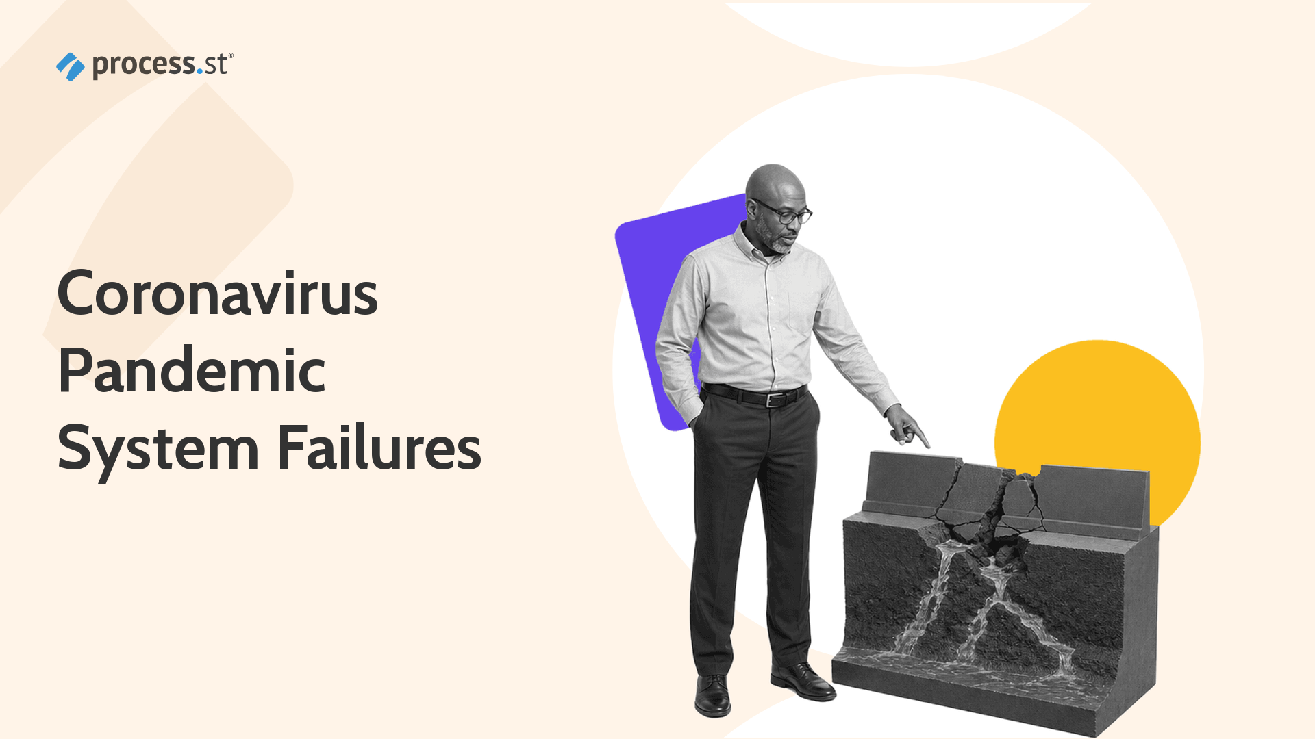 Black-and-white public health operations leader beside a cracked floodwall model representing coronavirus pandemic system failures.