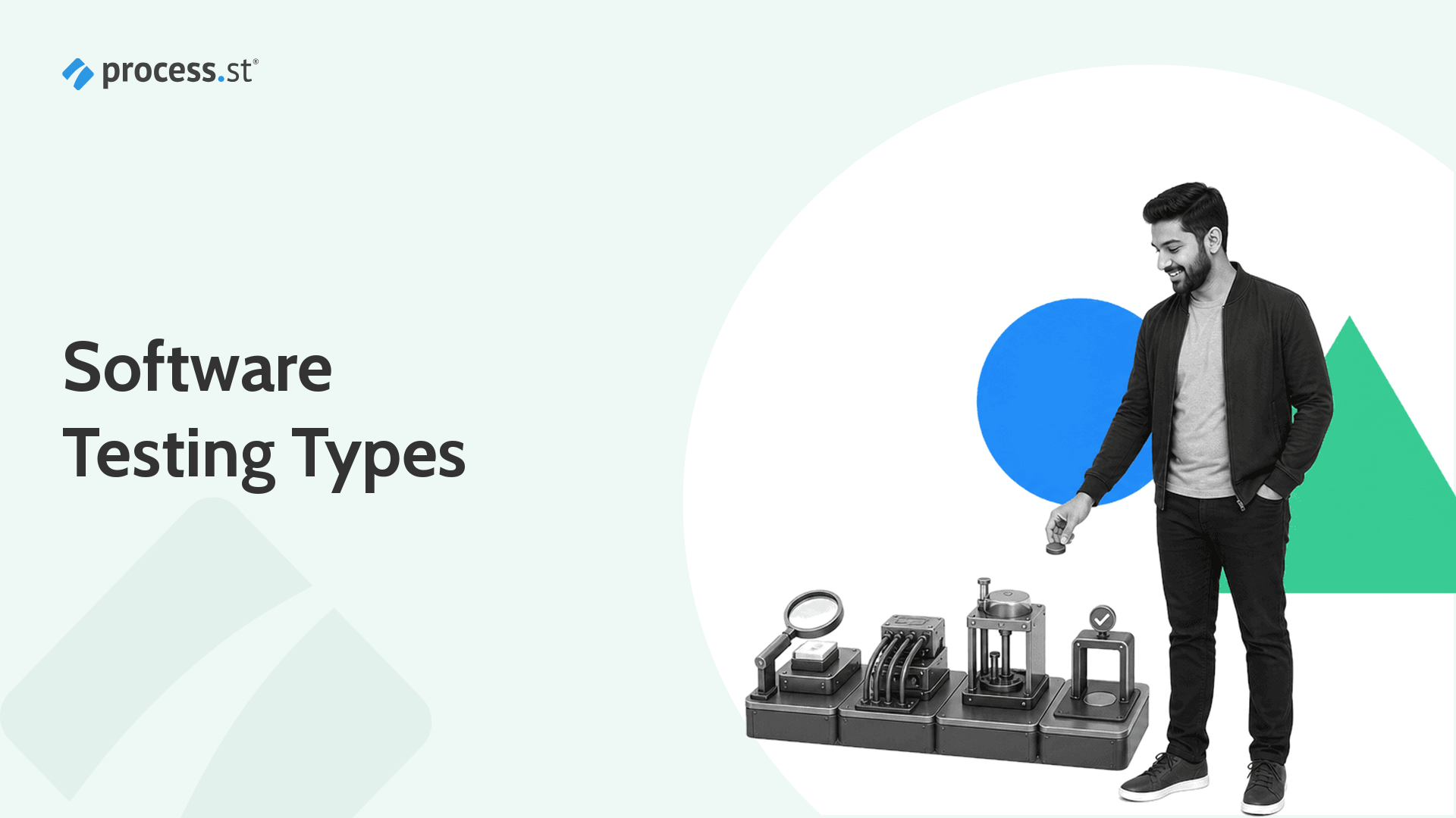 Software testing types illustrated with a QA engineer and test system model