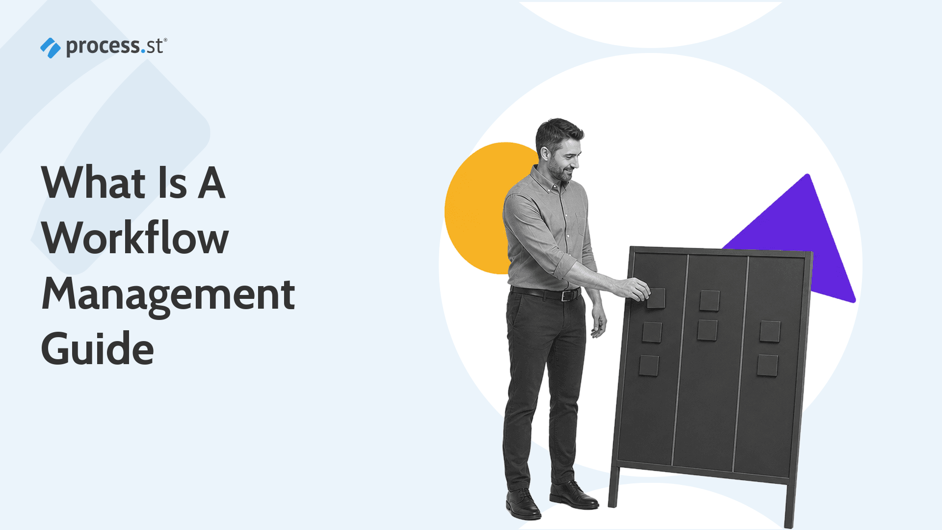 What is a workflow management guide hero showing an operations manager moving tasks through a routing board