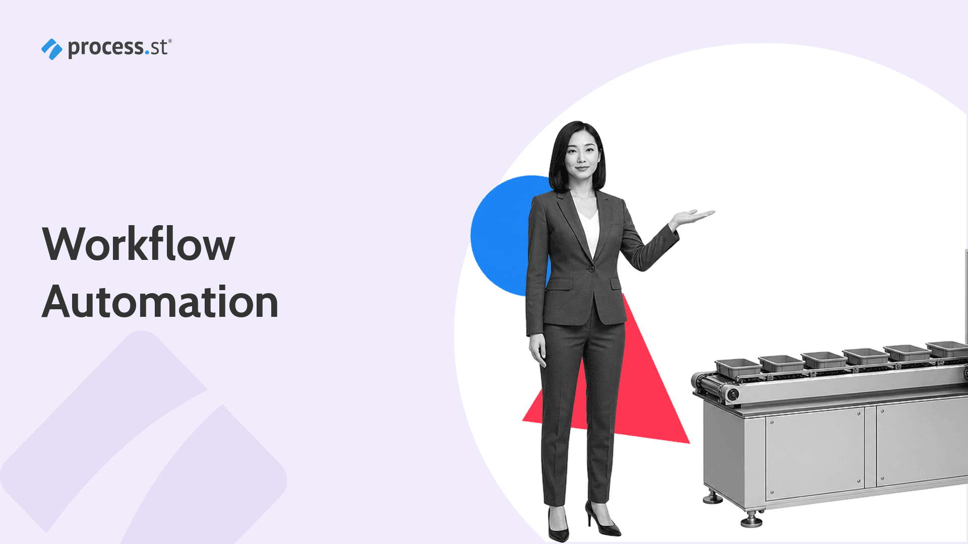 Workflow automation hero showing a professional presenting an automated workflow conveyor and orchestration line.
