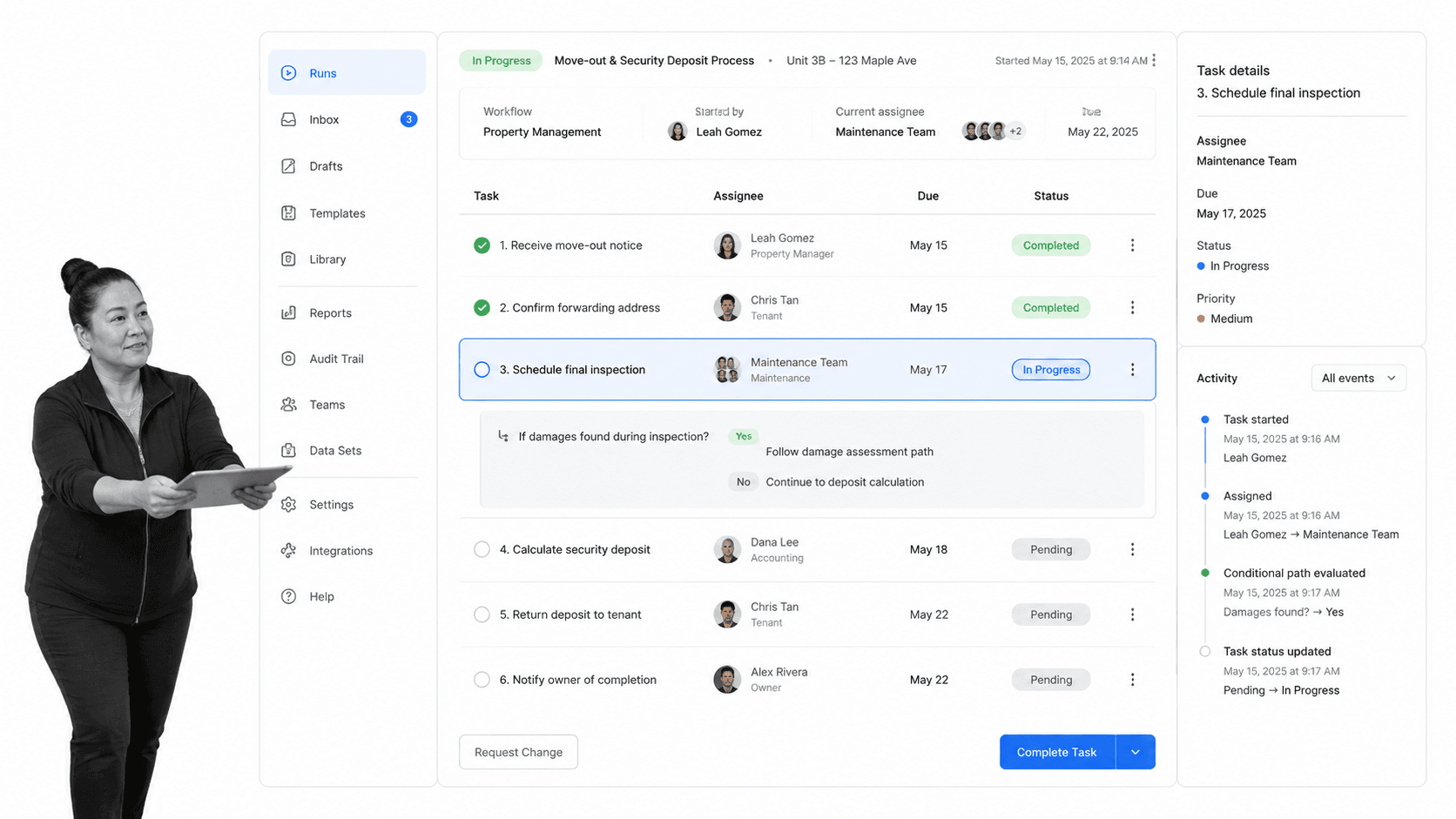 Property management resource workflow with task status and activity details