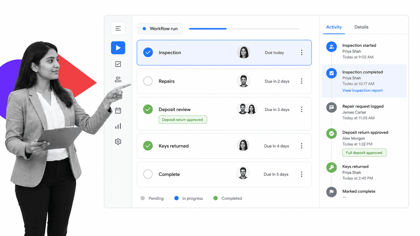Tenant move-out inspection and deposit handoff workflow