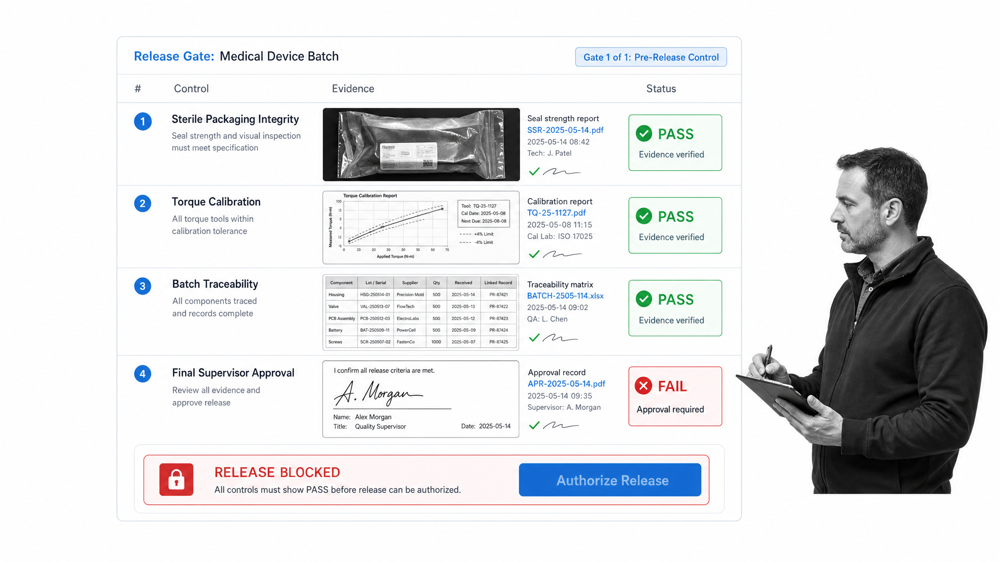 Safety-critical release control checklist with evidence and pass or fail status gates