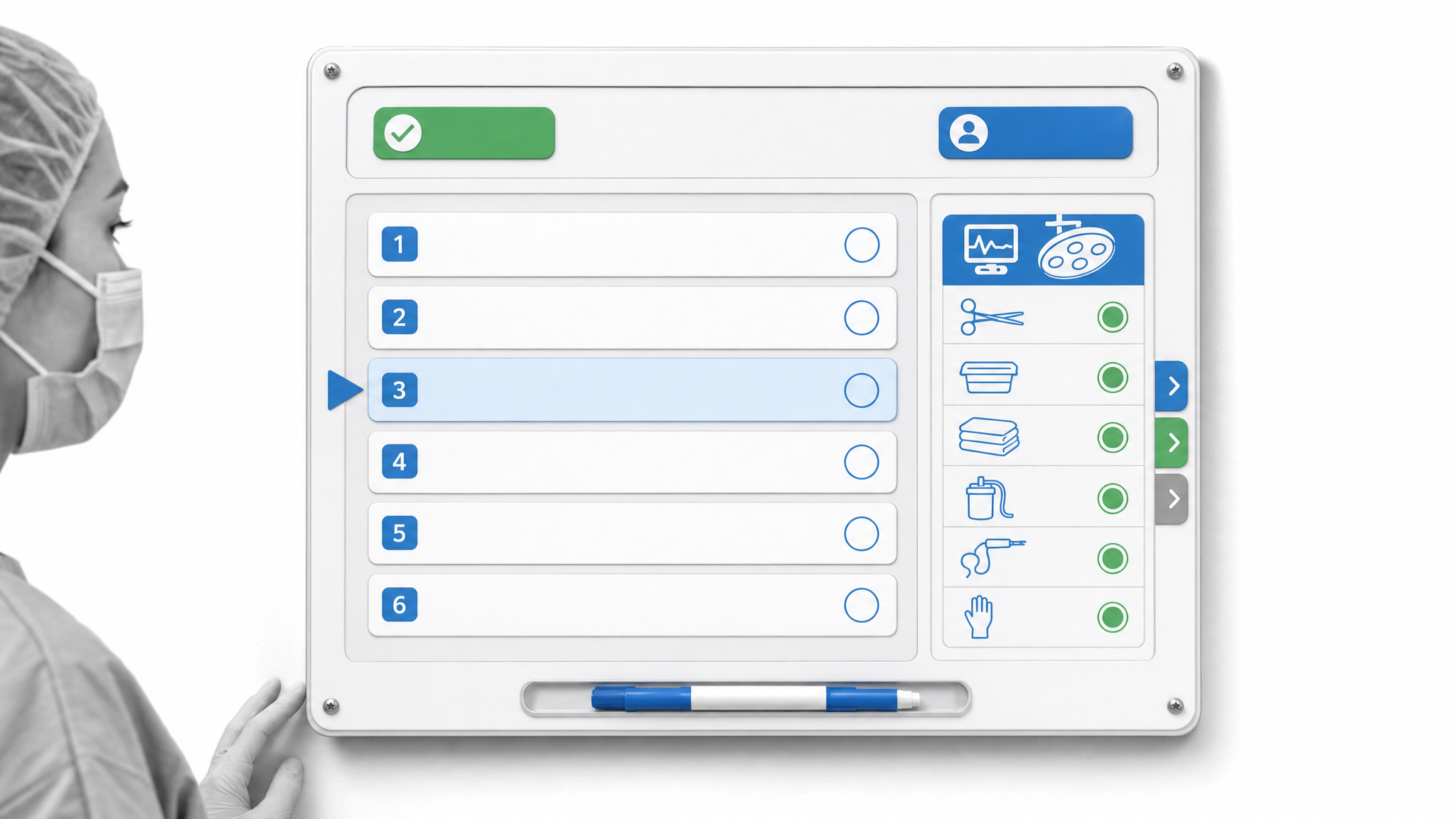 Point-of-work checklist board for clean-room and clinical process execution