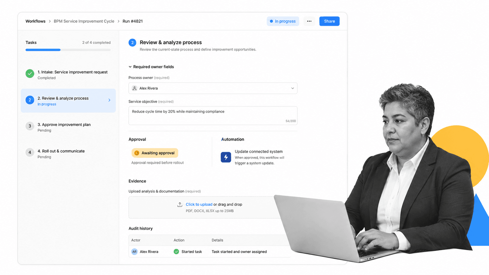 Process Street BPM service workflow run with selected process review task approval and evidence fields