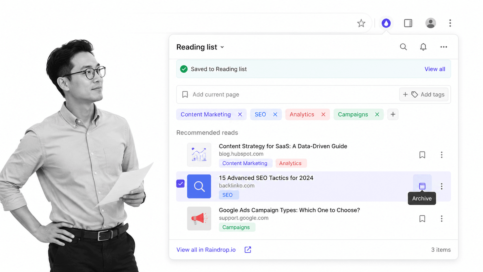 Raindrop.io browser workflow for digital marketers