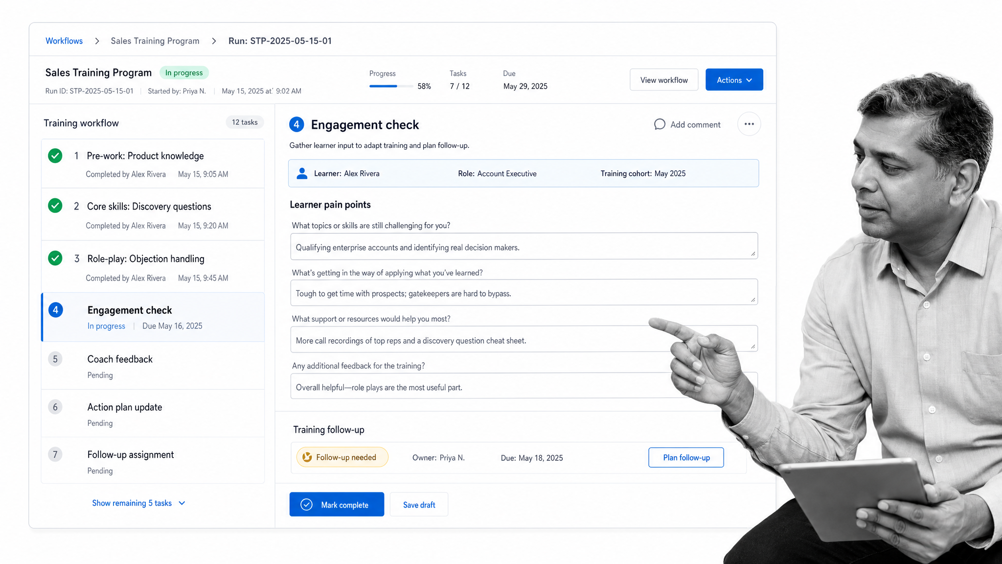 Process Street workflow run showing an engagement check for sales training