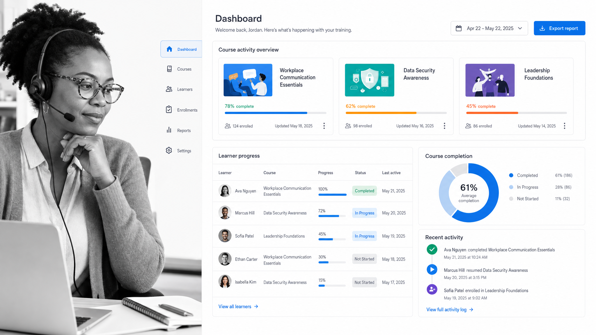 Learning management system dashboard showing course activity and learner progress