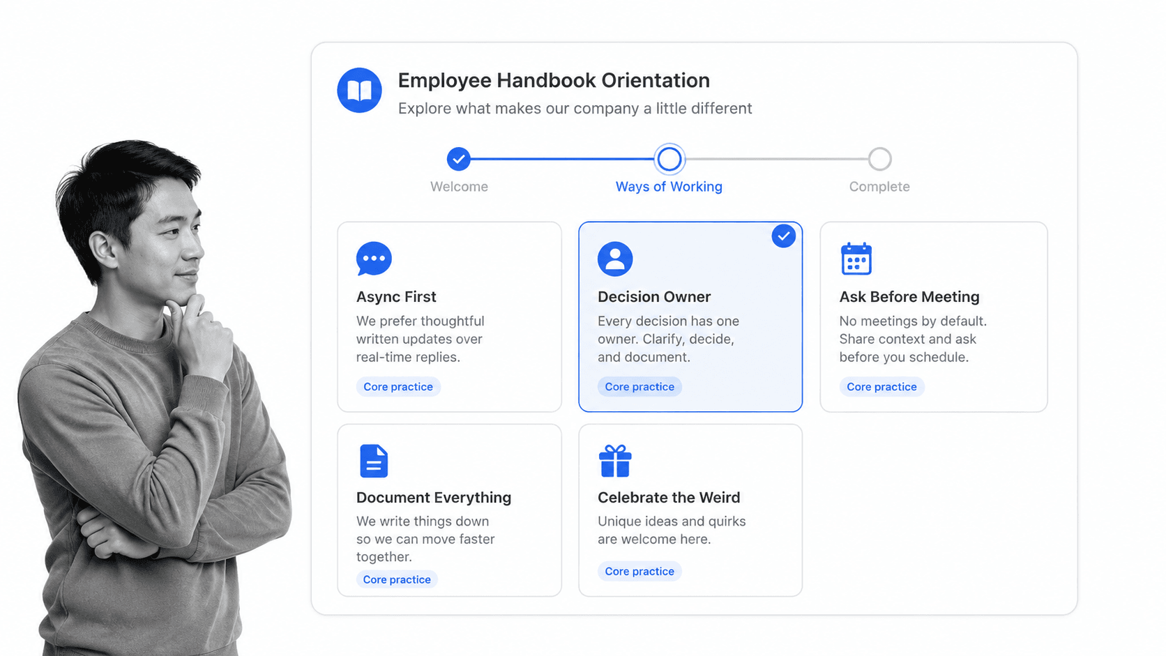 Employee handbook orientation surface introducing distinctive company practices with a small black-and-white employee.