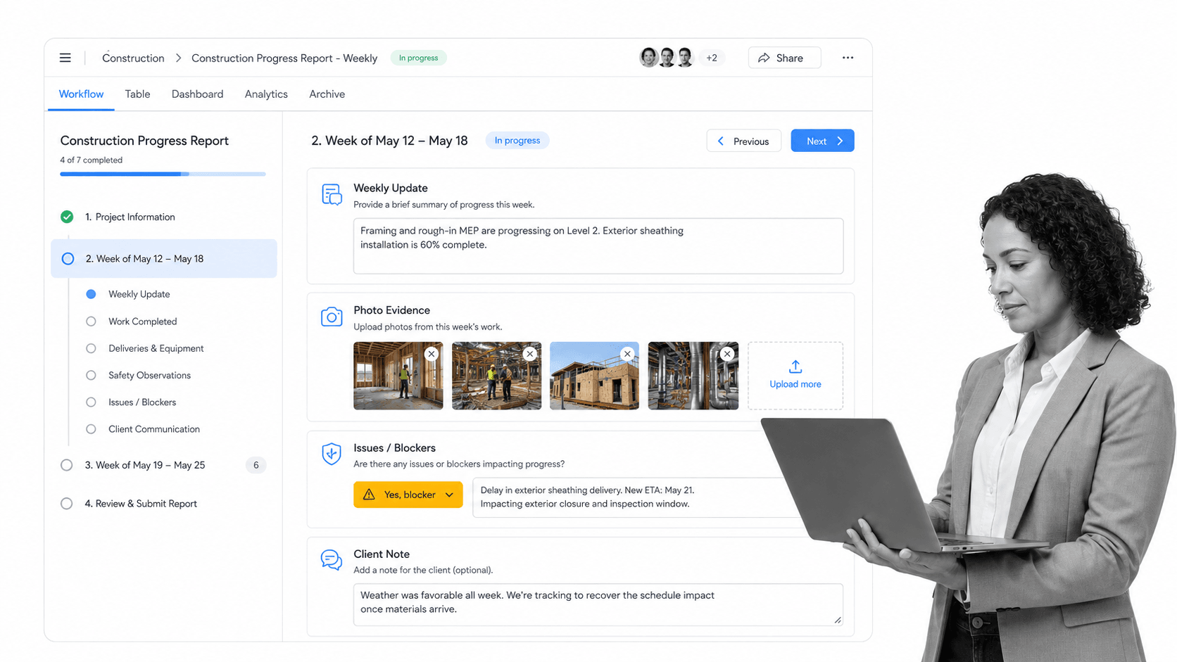 Construction progress report workflow screen with weekly updates, photo evidence, and blockers
