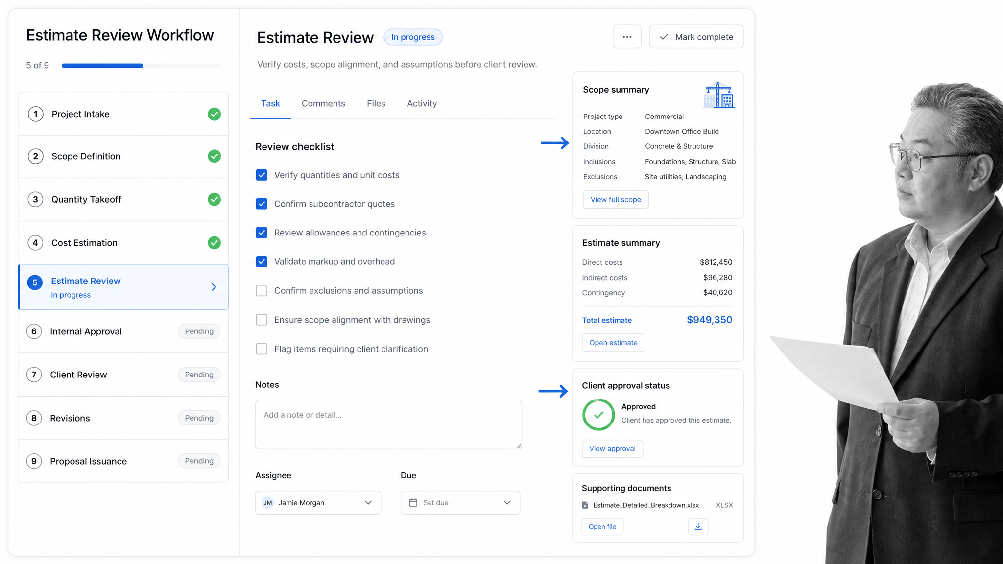 Construction proposal workflow screen with estimate review and client approval status