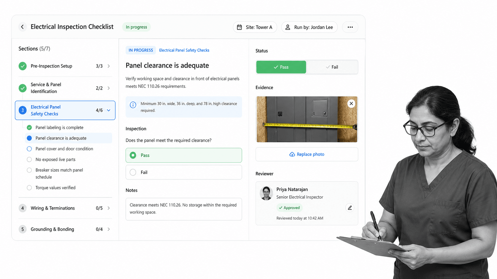 Electrical inspection checklist screen with panel safety check and reviewer approval